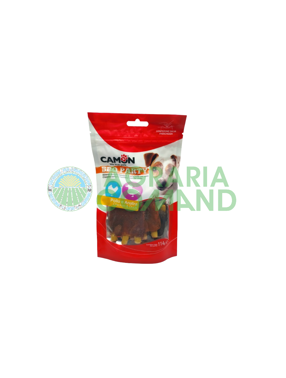Confezione di snack per cani Camon BBQ Party Pollo e Anatra 114 g.