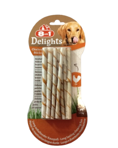 Confezione di snack per Cani 8 in 1 Delights Chicken Twisted Sticks da 55 g.