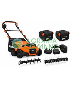Kit arieggiatore e scarificatore Stocker E-650 63301 a batteria 2x21 V con due batterie Fast Charge 4 Ah, caricabatterie doppio e rulli intercambiabili