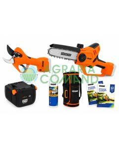 Kit Stocker Magma 63603 con forbice elettrica E-40 TP 40 mm, motosega E-150 LA, batteria Fast Charge 21 V 2,6 Ah, BladeUp 250 e omaggi