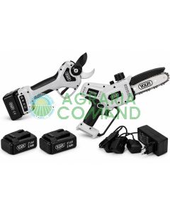 Kit potatura Volpi KV390 e KVS5700NB PowerCut con forbice elettrica 40 mm, mini motosega 5 pollici, due batterie 21,6 V e caricabatterie.