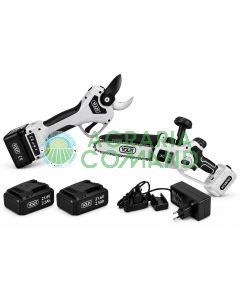 Kit potatura Volpi KV390 + KVS8000NB con forbice elettrica 40 mm, mini motosega 8 pollici, 2 batterie al litio 21,6 V e caricabatterie.