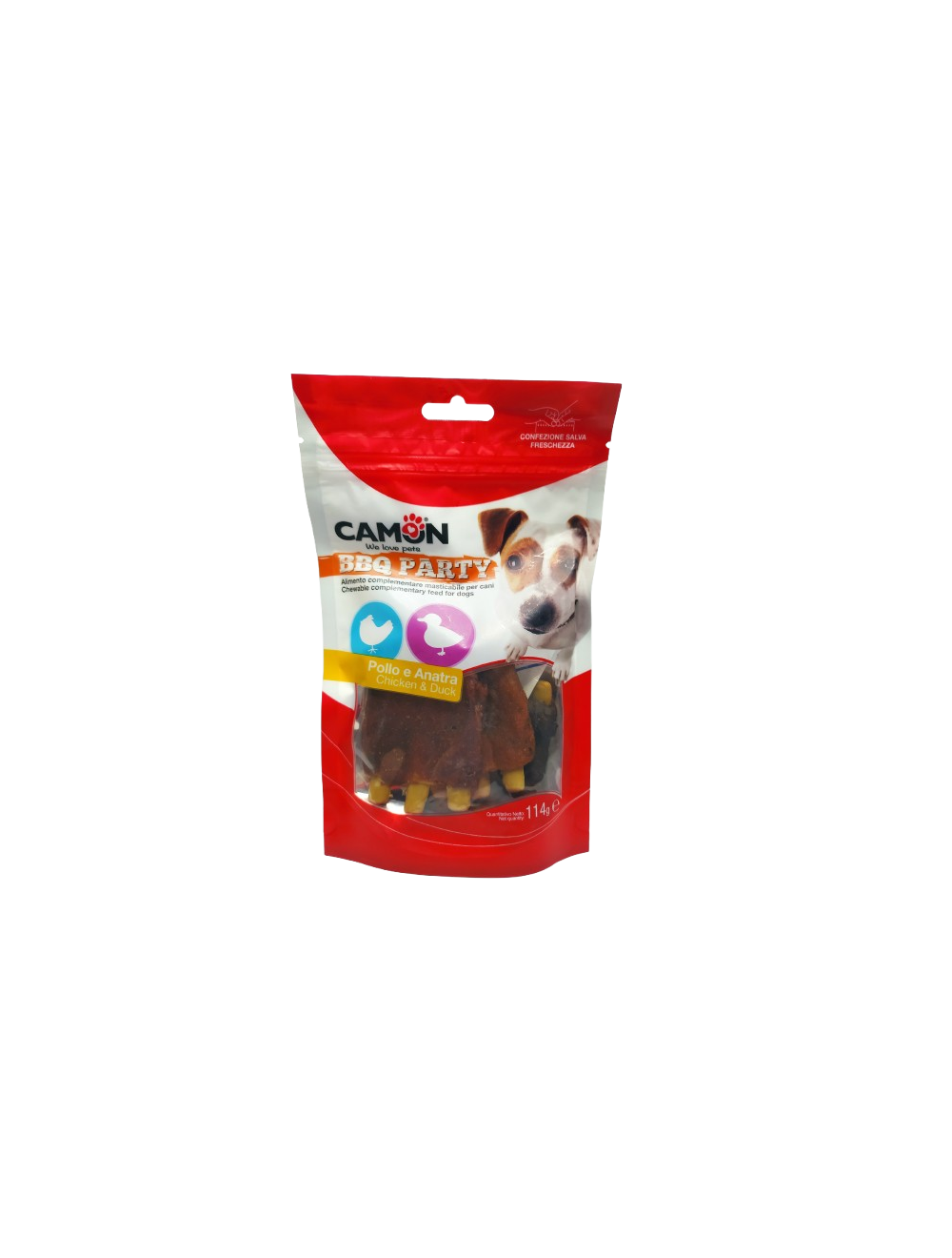 Confezione di snack per cani Camon BBQ Party Pollo e Anatra 114 g.