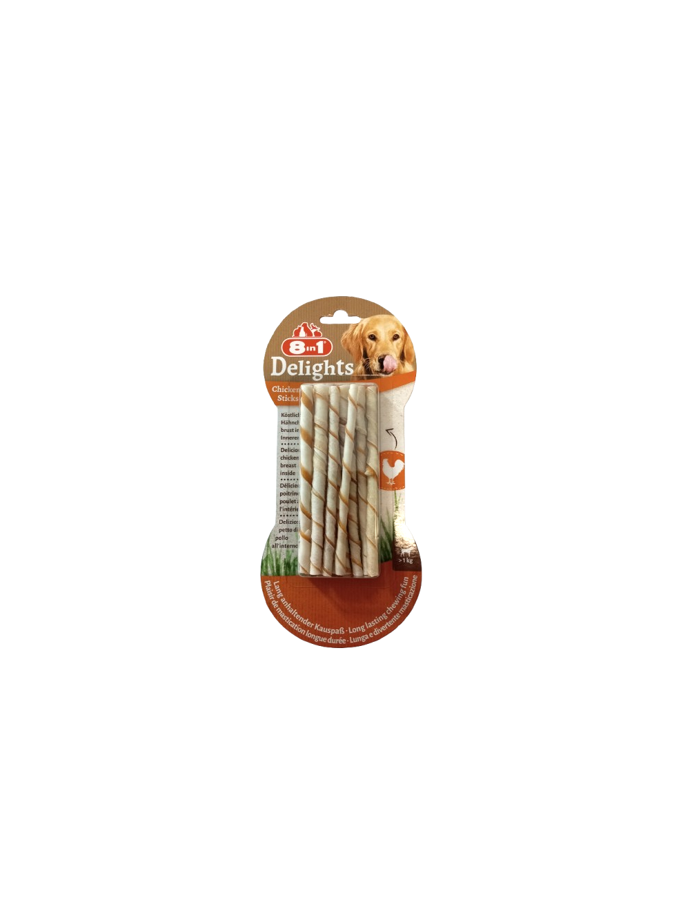 Confezione di snack per Cani 8 in 1 Delights Chicken Twisted Sticks da 55 g. Confezione di snack per Cani 8 in 1 Delights Chicken Twisted Sticks da 55 g.