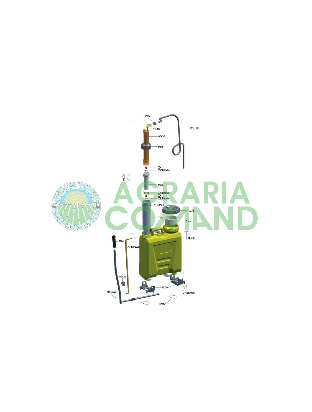 Esploso pompa volpi 12 15 litri pompante ottone