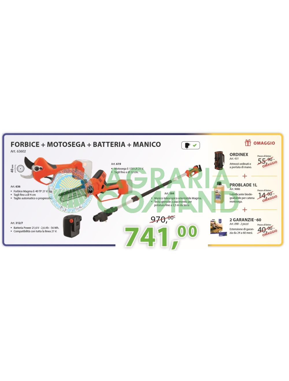 Kit potatura con forbice motosega batteria e asta telescopica Stocker Kit potatura con forbice motosega batteria e asta telescopica Stocker