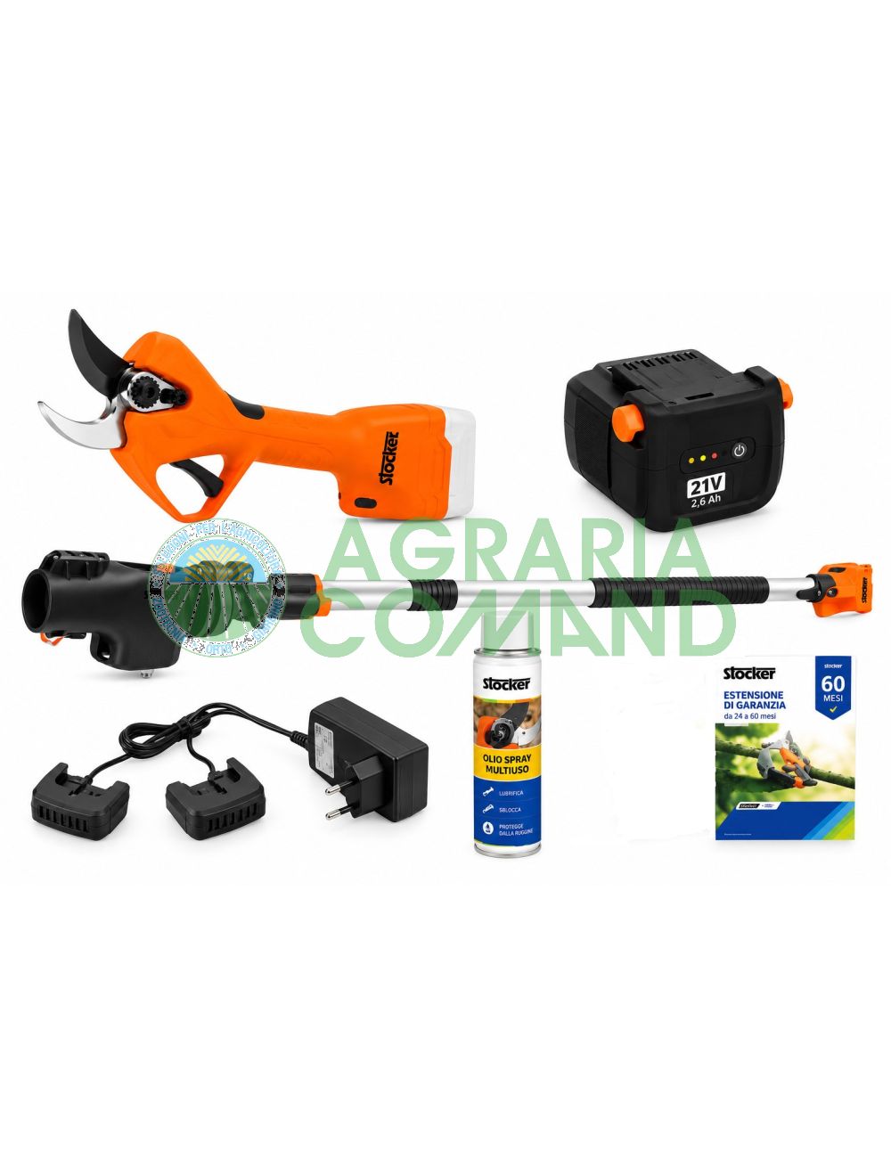 Kit Stocker Magma 63604 con forbice elettrica E-40 TP 40 mm, manico telescopico orientabile 155–235 cm, batteria 21 V 2,6 Ah e caricabatterie doppio Kit Stocker Magma 63604 con forbice elettrica E-40 TP 40 mm, manico telescopico orientabile 155–235 cm, batteria 21 V 2,6 Ah e caricabatterie doppio